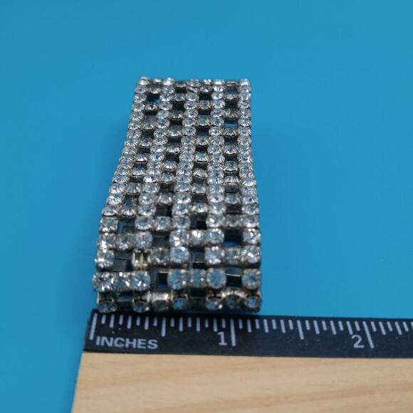 Vintage Clear Rhinestone Stretch Bracelet Silver Tone Wide Sparkling Cuff - Picture 7 of 9